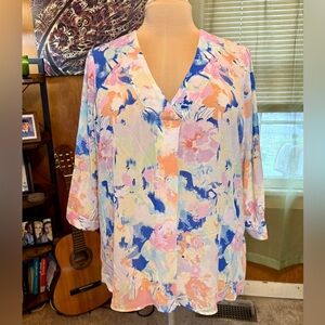 Rose & Olive Abstract Floral Blouse - Multi-color (Size 1X)